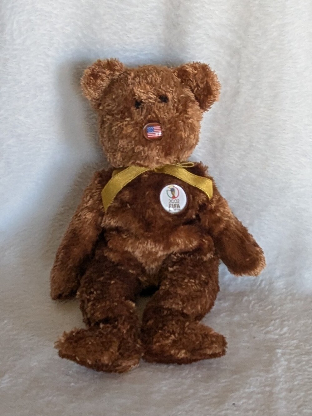 TY "Champion"  Brown Plush Teddy with Gold Bow and FIFA Pin